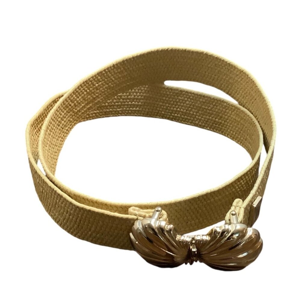 Kate Spade New York Interlock Shell Buckle Belt Beige Silver Buckle Stretchy